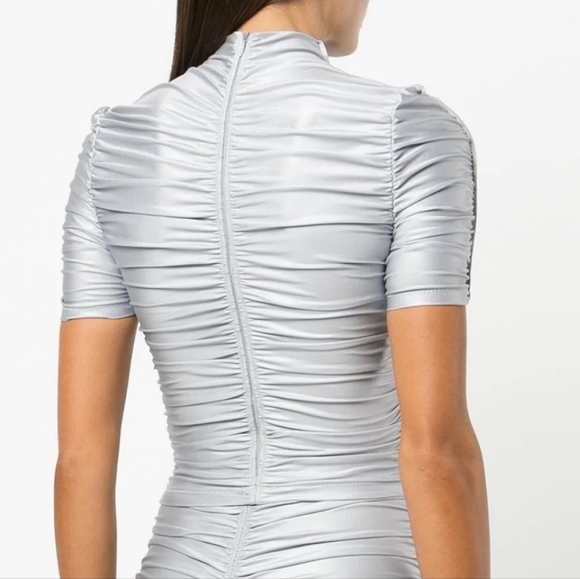 NWT$350 Alexander Wang Ruched Mock Neck Logo Silver Fox Crop Top Back Zip Sz XS - Picture 5 of 15